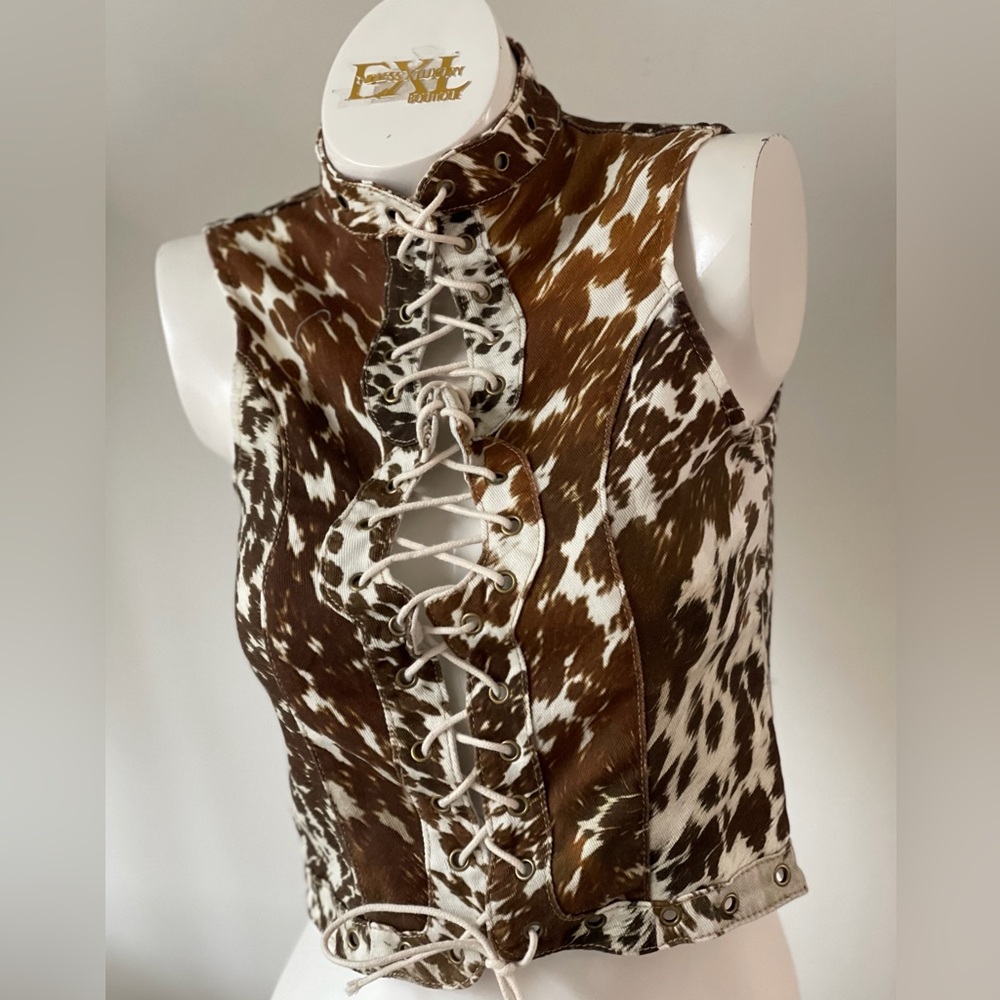 Brown and White Lace-Up Women's Top